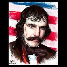 a painting of a man with a mustache and an american flag in the background