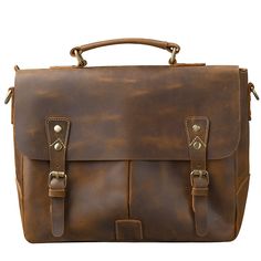 Revamp your style with this exquisite men's briefcase crafted from genuine leather. Its satchel shape adds a unique touch. With a single strap design, it's convenient to carry. This versatile briefcase is perfect for professional occasions to carry your laptop, accessories and documents safely. Business Satchel In Vintage Brown, Vintage Brown Business Satchel, Business Vintage Brown Shoulder Satchel, Classic Formal Satchel With Leather Strap, Brown Leather Strap Briefcase For Business, Formal Rectangular Briefcase With Leather Strap, Formal Brown Briefcase With Leather Strap, Vintage Brown Leather Satchel For Office, Rectangular Business Satchel With Leather Strap