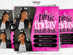 the flyer for pink friday party is shown in three different colors and sizes, including black hair