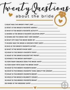 a wedding game with the words twenty questions about the bride