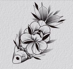 a black and white drawing of a fish with flowers on it's back side