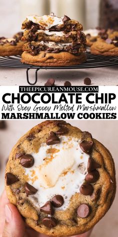 chocolate chip cookies with marshmallows and whipped cream in the middle are stacked on top of each other