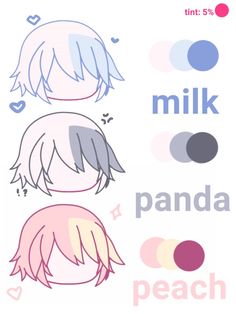 an anime poster with the words milk, panda and peach in different colors on it