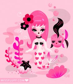 an illustration of a girl with pink hair and mermaid tail, holding a starfish