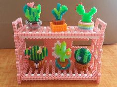 there are many small cactus plants on the pink shelf with bead trimmings