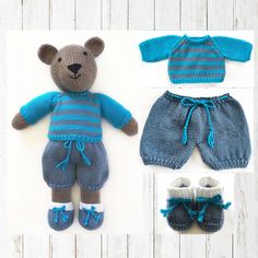 a knitted teddy bear wearing blue and gray clothes with matching booties for the feet