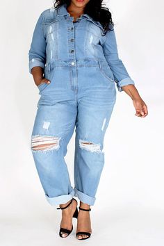 Relaxed fit denim jumpsuit in a relaxed fit with a rolled collar. Jumpsuit features button up closures, long sleeves, pockets on the front and back, ripped details, and wide legs. Denim Coverall, Collar Jumpsuit, Rolled Collar, Plus Size Denim, Fitted Jumpsuit, Long Jumpsuits, Jumpsuit With Sleeves, Jumpsuit Fashion, Wide Legs