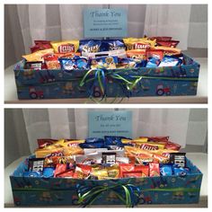 two boxes filled with candy sitting on top of each other next to a thank card