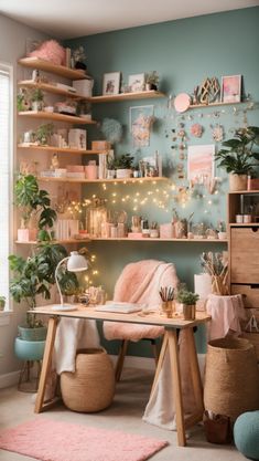 a room filled with lots of shelves and furniture next to a large potted plant