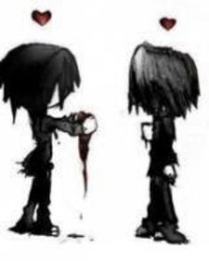 two anime characters with blood dripping from their mouths, one holding a knife and the other standing