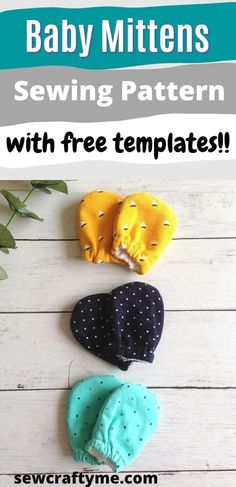 baby mittens sewing pattern with free templates on the front and back, in three different colors