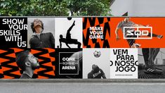 an advertisement is displayed on the side of a building with orange and black graphics, including men's sports apparel