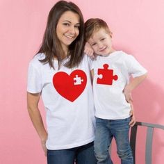 Matching Mommy & Me Short Sleeve Tee Shirts. This Listing Is For The Adult Heart Shirt, See Also The Kid Puzzle Piece Listing For Match. Brand New In Package. Cotton Tops With Heart Print For Mother's Day, White Tops With Heart Graphic For Valentine's Day, White Short Sleeve Tops With Heart Print, Casual White Heart-shaped Top, Casual Red Shirt With Heart Graphic, Family Matching Tops With Heart Graphic For Valentine's Day, White Short Sleeve Shirt With Heart Print, Family Matching Red Tops With Letter Print, White Heart Print T-shirt For Mother's Day