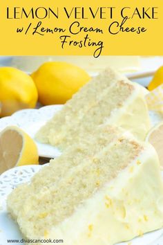 lemon velvet cake with cream cheese frosting on a white plate next to lemons