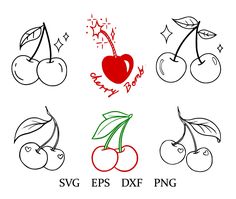 four cherries and two cherries are drawn in different colors on a white background