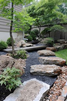 a garden with rocks and plants in it