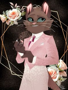 a cat in a suit and tie holding a name tag with roses around its neck