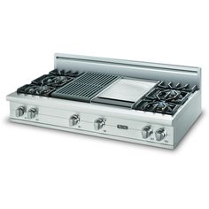 a stainless steel gas range with four burners and two griddles on the top