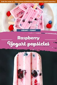 raspberry yogurt popsicles on a plate with berries and blueberries