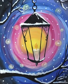 an acrylic painting of a lantern on a snowy night with stars and swirls