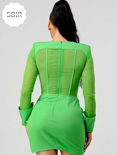 Introducing our Radiant Vogue Shoulder Pad Mini Dress – a bold and vivacious statement piece that radiates confidence and style. This eye-catching dress features striking shoulder pads, adding a touch of structured glamour to your look. The vibrant bright green hue elevates the overall aesthetic, ensuring you command attention wherever you go. Crafted with both comfort and trendsetting fashion in mind, the mini length offers a playful and contemporary silhouette. The Radiant Vogue dress is the p Green Fitted Mini Dress For Formal Occasions, Green Long Sleeve Bodycon Party Dress, Green Long Sleeve Bodycon Dress For Party, Green Evening Bodycon Dress, Chic Green Bodycon Cocktail Dress, Green Bodycon Dress For Evening, Glamorous Green Mini Bodycon Dress, Chic Green Bodycon Evening Dress, Green Bodycon Cocktail Dress