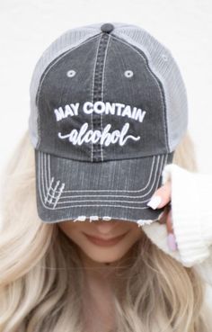 'May Contain Alcohol' Embroidered with Velcro Closing Professionally Embroidered with Industrial machine. Grey Distressed Trucker Hat. 80% cotton/20% polyester, Herringbone fabric 100% polyester mesh back Unstructured, six-panel, low-profile Pre-curved fray visor with contrasting undervisor Velcro closure May Contain Alcohol, Custom Trucker Hats, Herringbone Fabric, Industrial Machine, Distressed Hat, Hand Crochet Baby Blanket, Hat Ideas, Unique Boutique, Keep It Real