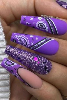 Paisley Nails Design, Acrylic Nail Designs Bling, Fun Nail Designs Creative Latest Fashion, Long Pretty Nails, Dope Nail Designs Purple, Wild Nail Designs