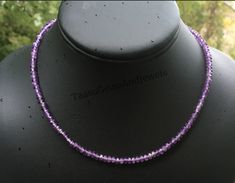 "Amethyst Beads Necklace, Natural Amethyst Jewelry Necklace, 3-4 mm Rondelle Faceted Beads, Amethyst Beaded Jewelry Necklace GEMSTONE:- AMETHYST, SIZE:- 3.5-4MM APPROX SHAPE:- RONDELLE FACETED LENGTH:- 18 INCHES - 40 INCHES COLOUR:- PURPLE QUALITY:- AAA GRADE This beautiful Amethyst faceted necklace features a natural, high-quality Amethyst gemstone pendant on a sterling silver chain. The pendant measures approximately 1 inch in length, and the chain measures 18 inches long, making it the perfect length to wear with a variety of outfits. The Amethyst gemstone is known for its beautiful purple color and is believed to have many healing properties. It is said to promote calmness, balance emotions, and enhance intuition, making it a perfect stone to wear for meditation or other spiritual prac Purple Rondelle Gemstone Bead Necklaces, Purple Rondelle Gemstone Beaded Necklaces, Purple Gemstone Rondelle Beaded Necklaces, Purple Rondelle Gemstone Beads, Beaded Amethyst Rondelle Jewelry, Purple Rondelle Beaded Necklace With Faceted Beads, Purple Faceted Bead Necklaces, Purple Faceted Round Bead Necklaces, Beaded Purple Gemstones For Jewelry Making