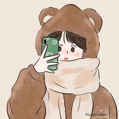 a drawing of a girl in a bear costume holding a cell phone up to her face