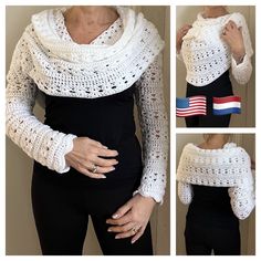 there is a woman wearing a white crochet shawl with an american flag on it