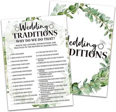 two wedding programs with greenery on the front and back, one is for brides