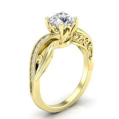 A beautiful vintage/floral engagement ring with milgrain and filigree along the sides, with a beautiful crown head with floral designs, and a twist shank with stones down only one side! This ring is all about the little details, such as the floral designs on the side and in the head, the filigree on the side of the ring, and the milgrain sides. The center is made for a 1.0 carat round but can be adjusted to fit any size or shape center. All replica samples are made of alloy metal and simulated d Heirloom Style Flower Ring For Promise With Intricate Design, Elegant Flower Ring With Intricate Design For Wedding, Elegant Flower Ring With Intricate Design, Elegant Wedding Flower Ring With Intricate Design, Elegant Filigree Flower Promise Ring, Heirloom Flower Ring With Intricate Design For Wedding, Ornate Flower Ring For Wedding, Gold Filigree Ring With Accent Stones For Wedding, Elegant Formal Flower Ring With Intricate Design