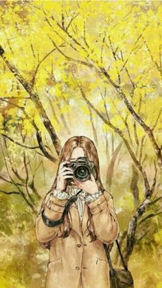 a painting of a woman holding a camera in front of her face and looking into the distance