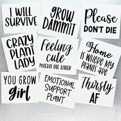 six stickers with different phrases on them