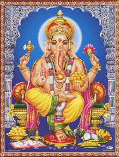 the god ganesha is sitting in front of a blue background with gold trimmings