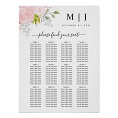 wedding seating chart with pink flowers and greenery