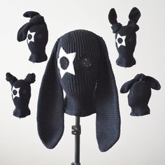 Exclusive collection crochet balaclavas in premium cotton yarn with bunny ears and star in stock. Limited-edition black knit rabbit ski mask hat is suitable for men and women. The two eye holes are covered with a handmade openwork mesh. A white star is sewn around the right eye in handmade leatherette.  Personalization and skilled handmade craftsmanship make each piece unique. Sizes:  M- 22" - 22 3/8" (55.9 cm-56.8 cm) L- 22 3/4"-23 1/8" (57.8 cm-58.7 cm) XL- 23 1/2"-23 7/8" (59.7 cm-60.6 cm) Ma Rabbit Ski Mask, Cat Ear Ski Mask, Black Novelty Beanie For Winter, Ski Mask Men, Bunny Balaclava, Bunny Hats, Balaclava Ski Mask, Streetwear Hats, Bunny Mask