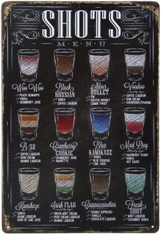 a poster with the names and colors of shots