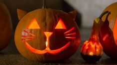 three pumpkins with carved faces and cats on them