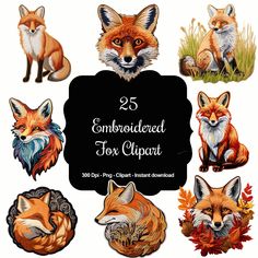 the 25 embroidered fox clipart designs are available for use in crafts and sewing projects