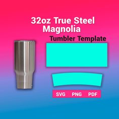 thermos tumbler template is shown with blue and pink hues on it