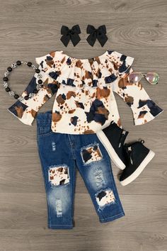 Printed Denim Pants, White Cow Print, Cowgirl Look, Denim Set, Sister Outfits, Spandex Pants, Print Denim, Kids Couture