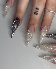 Long Stelito Acrylic Nails, Edgy Nails, Pearl Nails, Bling Acrylic Nails, Clothes And Shoes, Gem Nails, Shoes And Boots