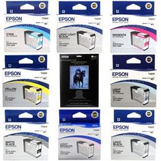 several different types of epson printers and their packagings are shown in this image