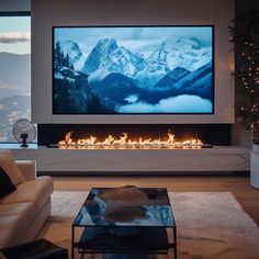 a living room with a big screen tv and fire place in the middle of it