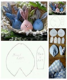 the instructions for how to make an easter basket with blue and white fabric bunny ears