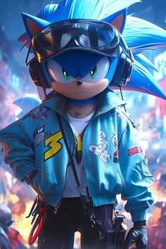 sonic the hedgehog is wearing headphones and standing in front of an image of people