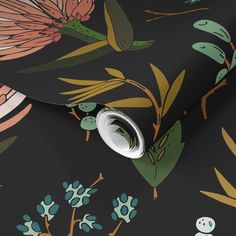 a black wallpaper with colorful flowers and leaves