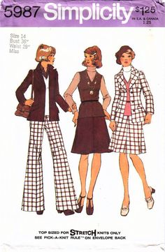 SIMPLICITY 5987: Use this earlier 1970s vintage sewing pattern for misses to sew a very fab wardrobe of bell bottom pants, A-line skirt, fitted jacket, and knit vest. SIZE INFORMATION: Misses Size 14 Bust 36 inches Waist 28 inches Hip 38 inches PATTERN CONDITION: COMPLETE, UNUSED Includes instructions and all pattern pieces (uncut and in original factory folds) GARMENT INFORMATION: Vest details: - designed for stretch knit fabrics only - sleeveless fitted bodice - V-neckline - back zipper closin Pattern Turtleneck, 60s 70s Fashion, 60s And 70s Fashion, 70s Women, Seventies Fashion, Fitted Jacket, Retro Mode, Couture Vintage, 1970s Fashion