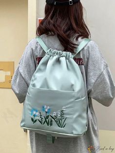 BirdinBag - Exquisite Floral Embroidered Vintage Drawstring Backpack - Spacious and Stylish Embroidered Backpack For Daily Use, Casual Embroidered Backpack For Daily Use, Green Embroidered School Bag, Embroidered Green Backpack, Word Wrap, Floral Vintage, Drawstring Bag, Drawstring Backpack, Backpacks